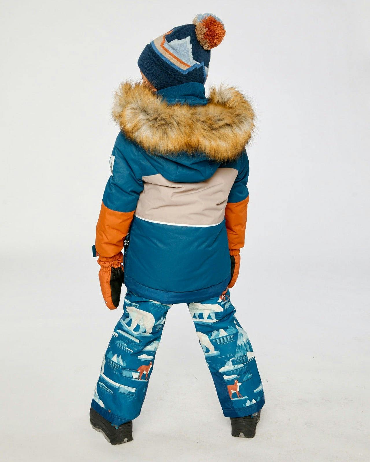 Two Piece Play Snowsuit Navy And Rust Colorblock With Blue Bear Print Pants