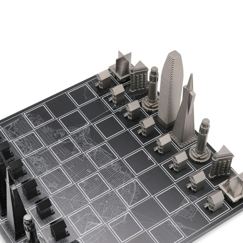 Chess Set Stainless Steel SAN FRANCISCO with Wood Map Board