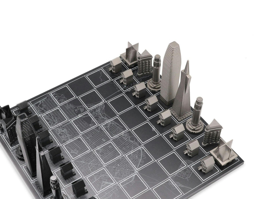 Chess Set Stainless Steel SAN FRANCISCO with Wood Map Board