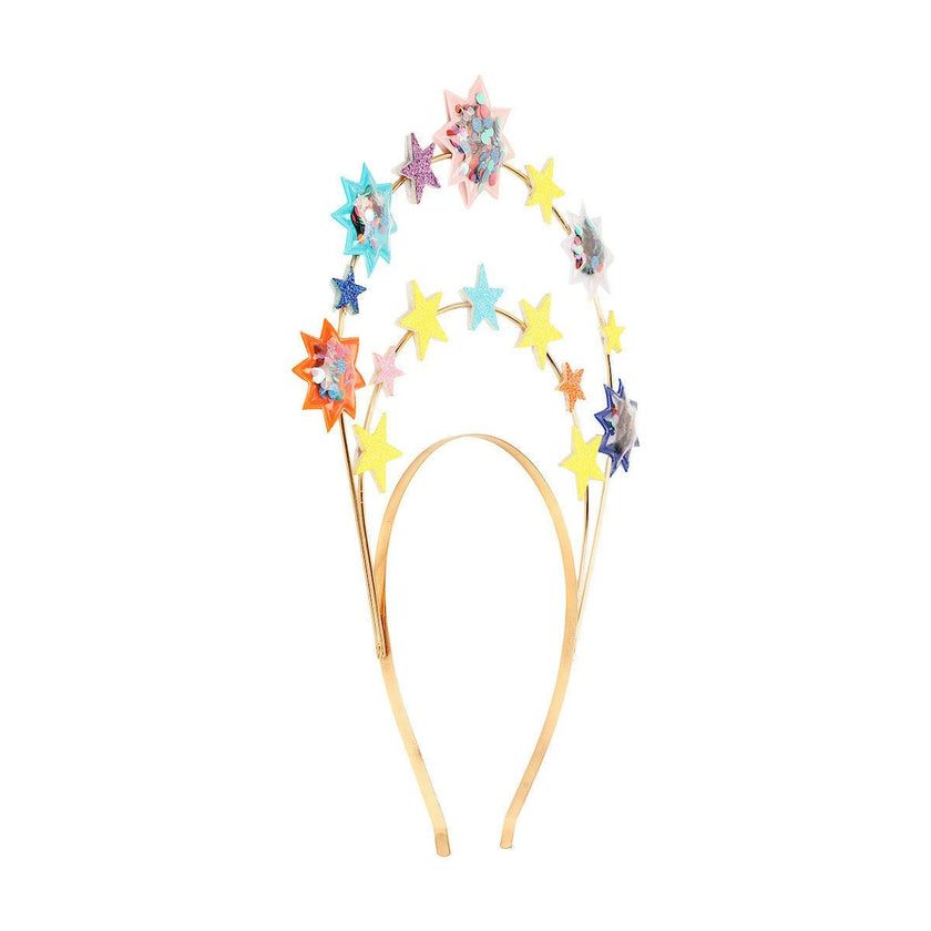 Packed Party Confetti Star Novelty Headband - Two-Tier Gold Metal Headband with Shakeable Confetti-Filled Vinyl Stars and Gold Glitter Accents, One Size