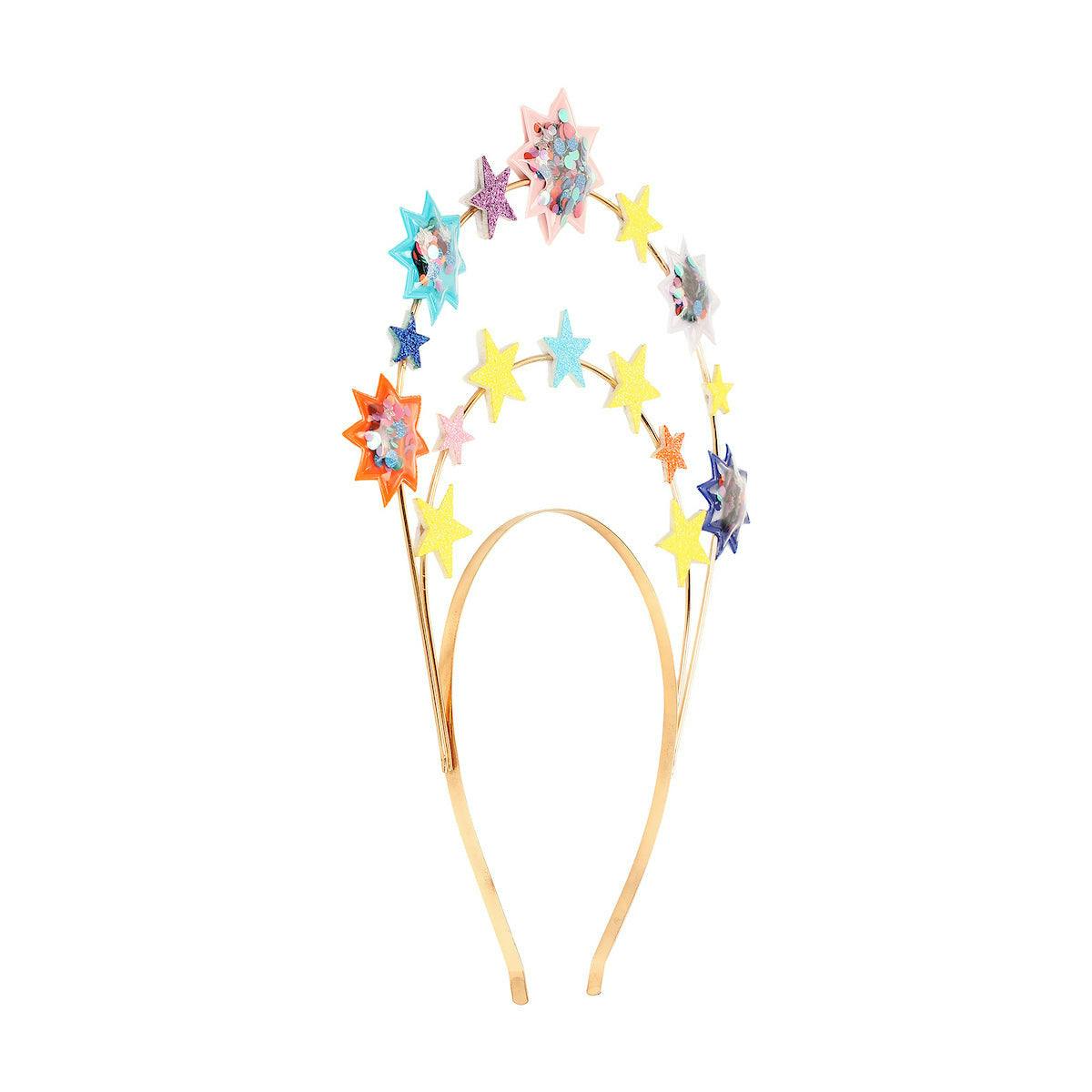 Packed Party Confetti Star Novelty Headband - Two-Tier Gold Metal Headband with Shakeable Confetti-Filled Vinyl Stars and Gold Glitter Accents, One Size