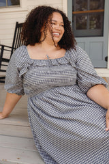 Mae 3/4 Sleeves Dress in Prussian Blue Plaid
