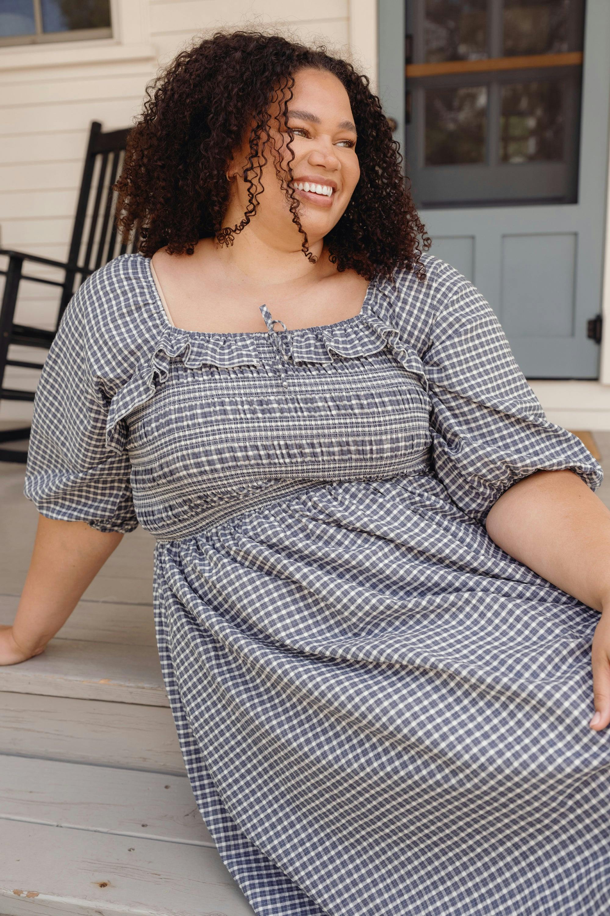 Mae 3/4 Sleeves Dress in Prussian Blue Plaid