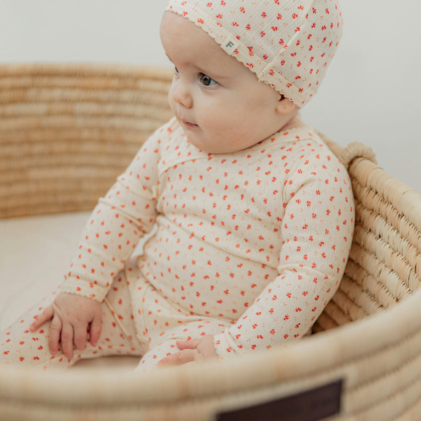 Crinkle Flower Print Onesie Set Cream/Red