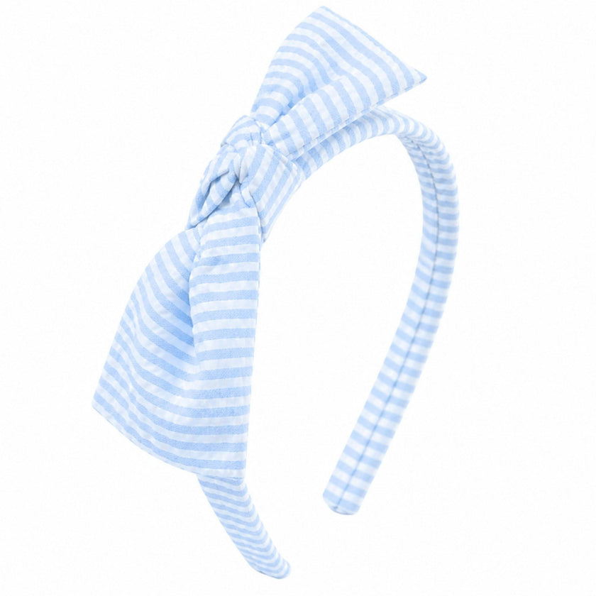 Seersucker Bow Headband in Blue/White