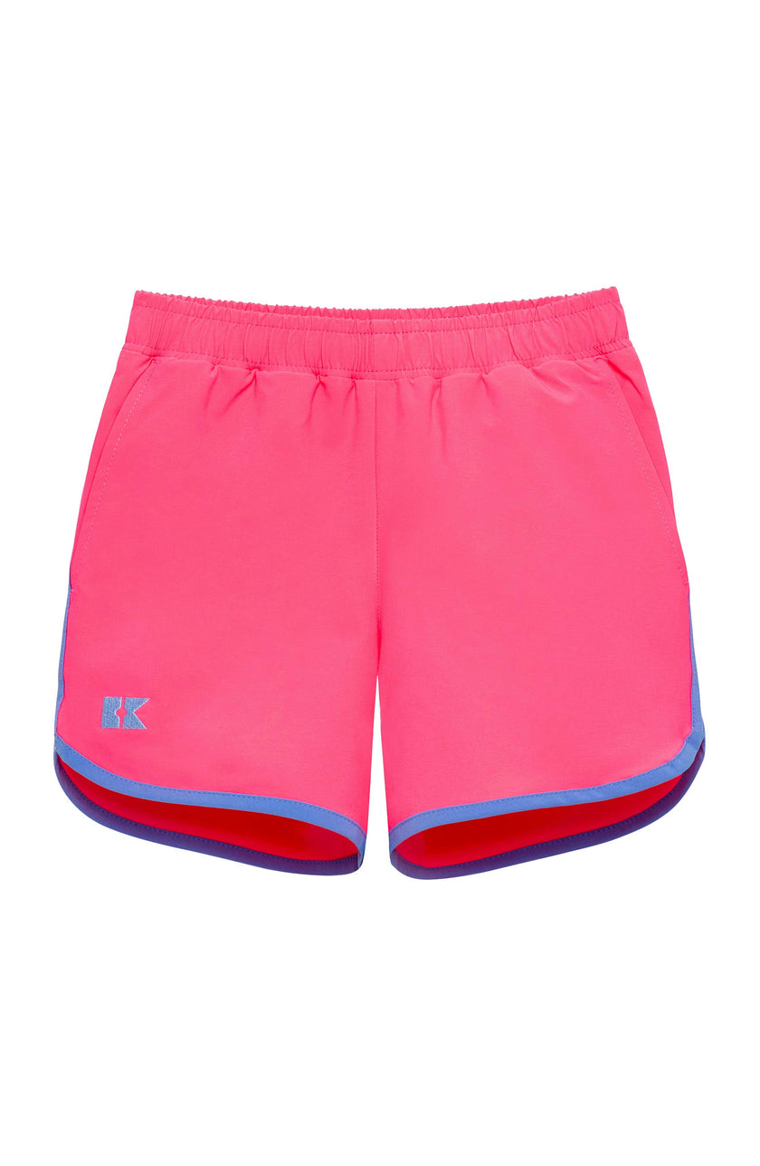 neon pink retro super short with sky blue piping