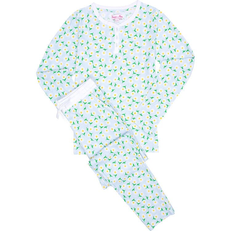 Women's Daisy Jersey Long PJ Set - Blue Organic Stretch Cotton