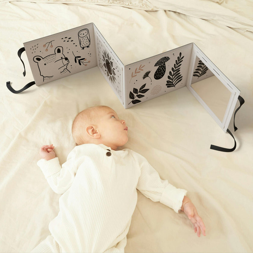 Soft Tummy Time Book w/Large Stimulating Baby Safe Mirror - High Contrast Montessori Toy w/Mirror, Crinkle Filling & Silicone Teether - For Newborn Development