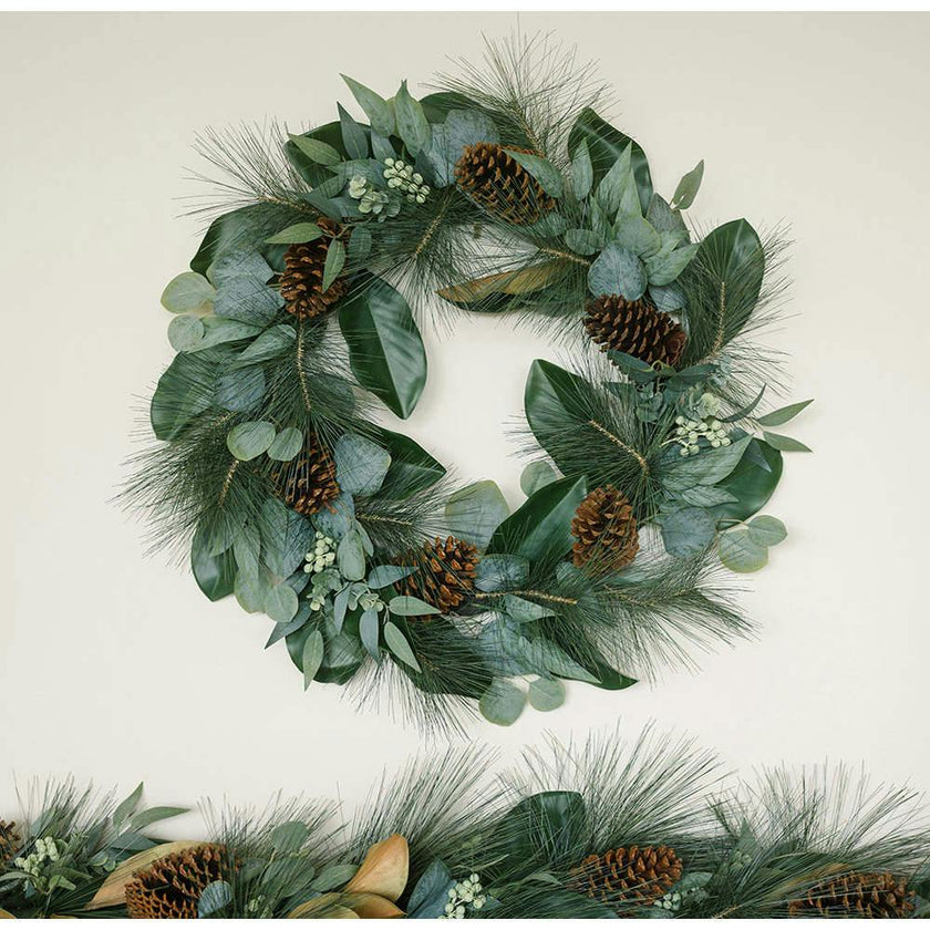 28" Magnolia, Eucalyptus, Pinecone, & Needle Pine Wreath