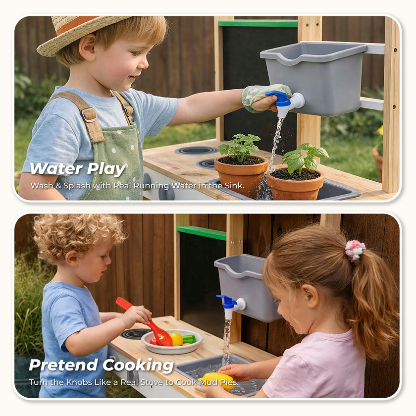 Clover Wooden Mud Kitchen with Water Station and Chalkboard