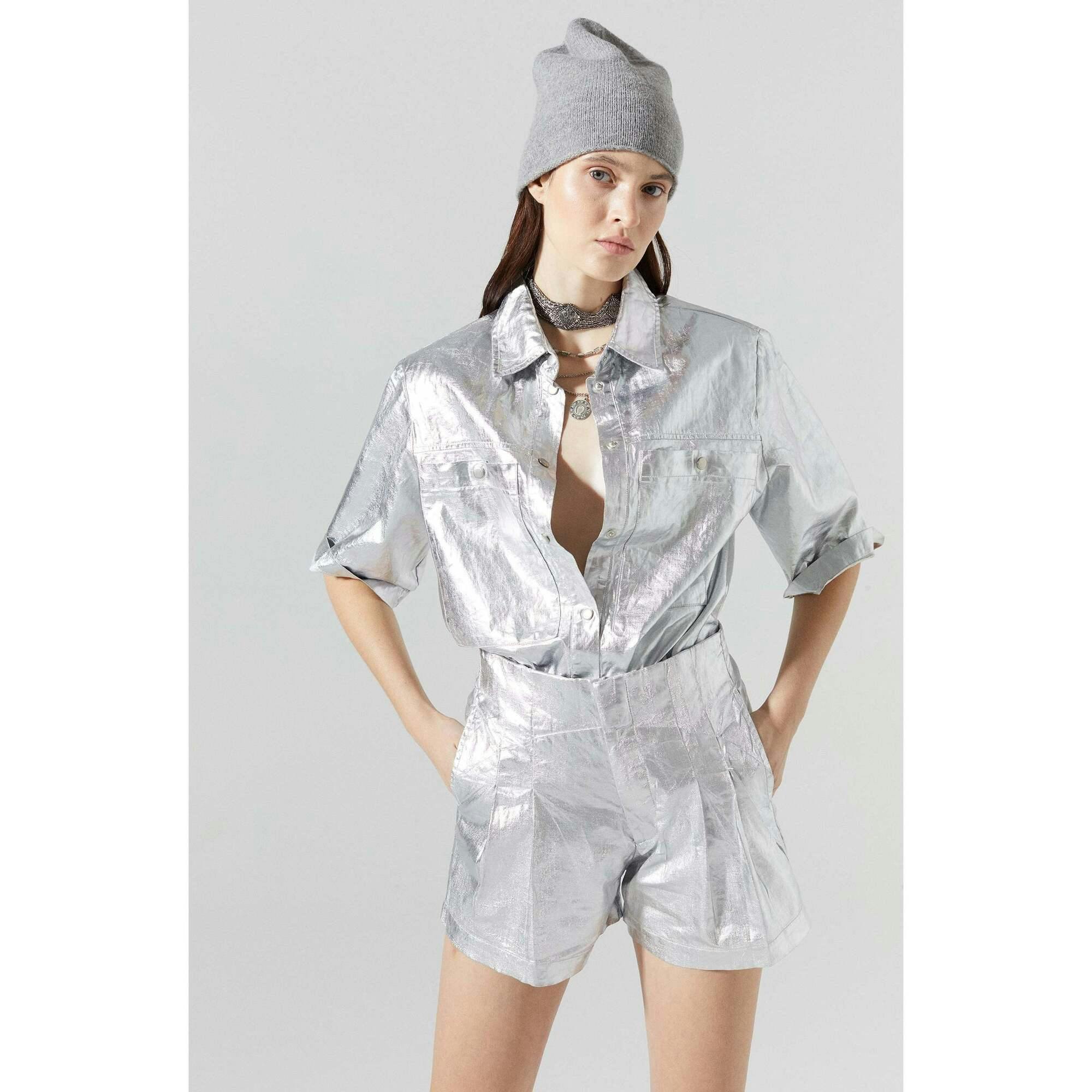 Frida Metallic Linen Shorts - New Silver