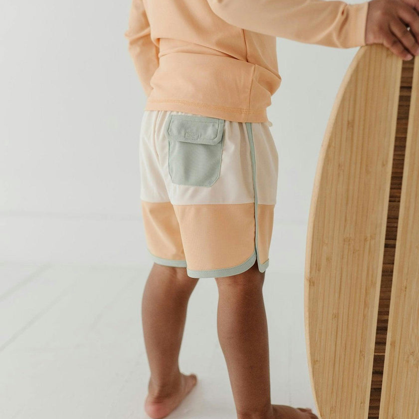 Boys Colorblock Swim Shorts in Ecru