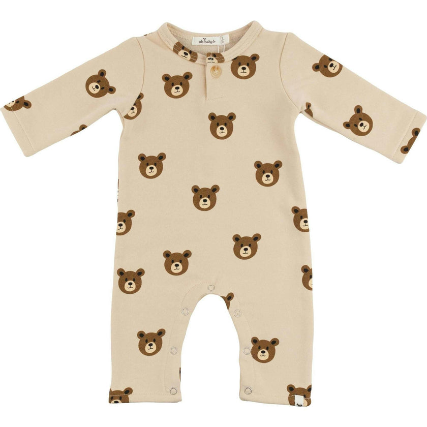 Teddy Face One Button Romper French Terry