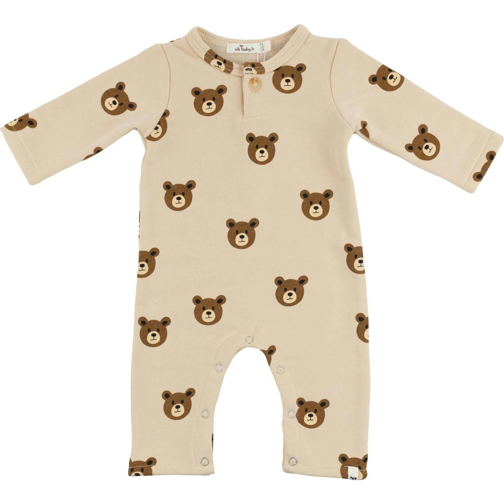 Teddy Face One Button Romper French Terry