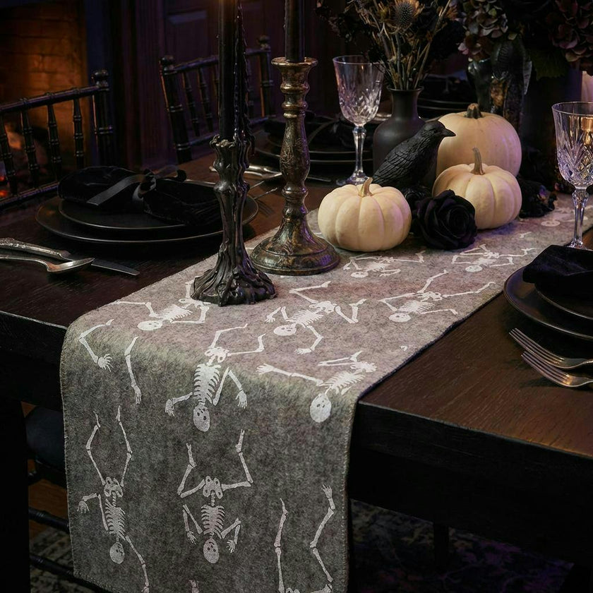 Hand Felted Wool Halloween Skeleton Table Runner - 16"x72"