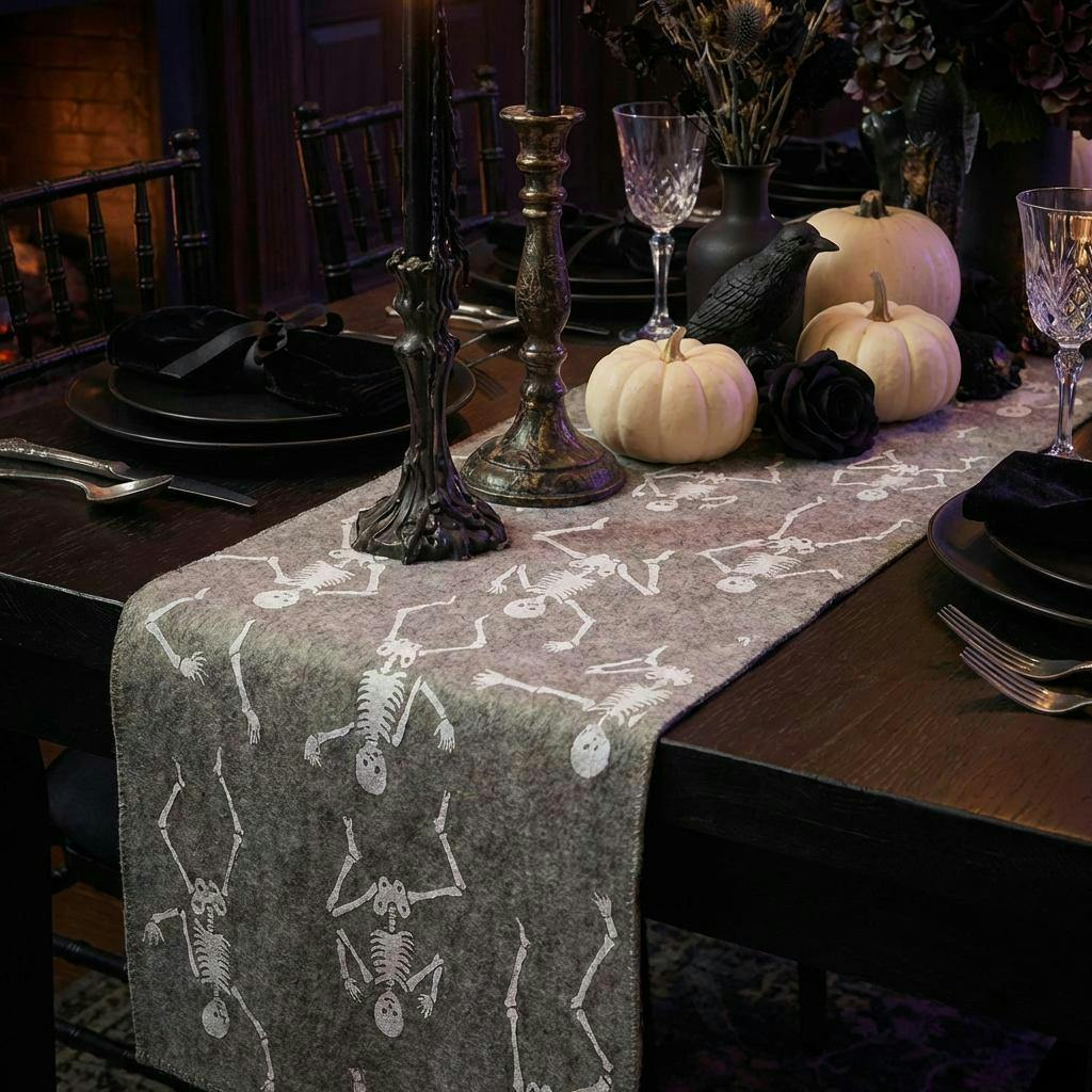 Hand Felted Wool Halloween Skeleton Table Runner - 16x72