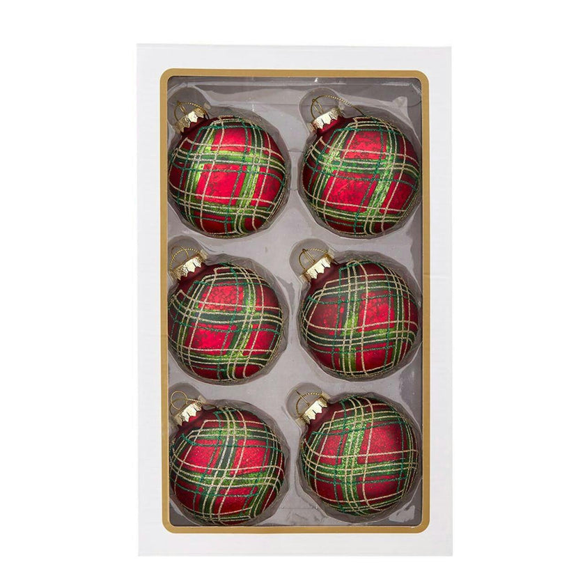 Kurt Adler 80MM Glass Matte Red and Green Striped Ball Ornaments, 6-Piece Set