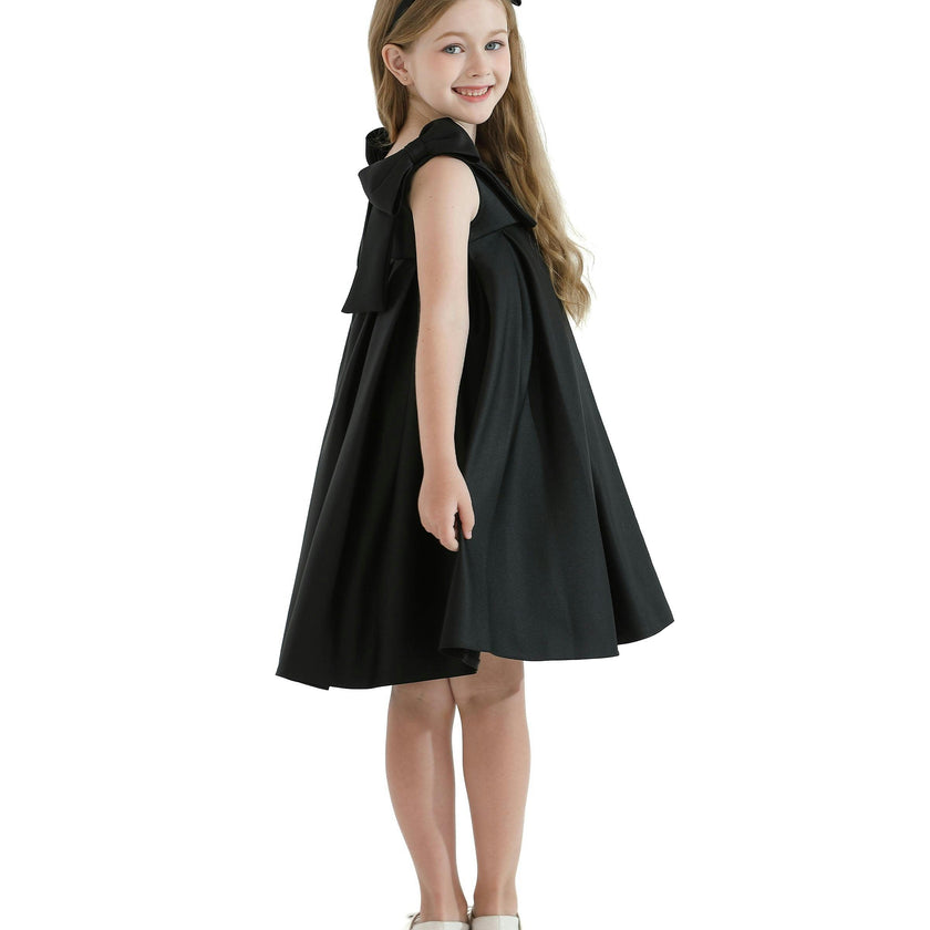 Black Palermo Satin Bow Pleated Dress