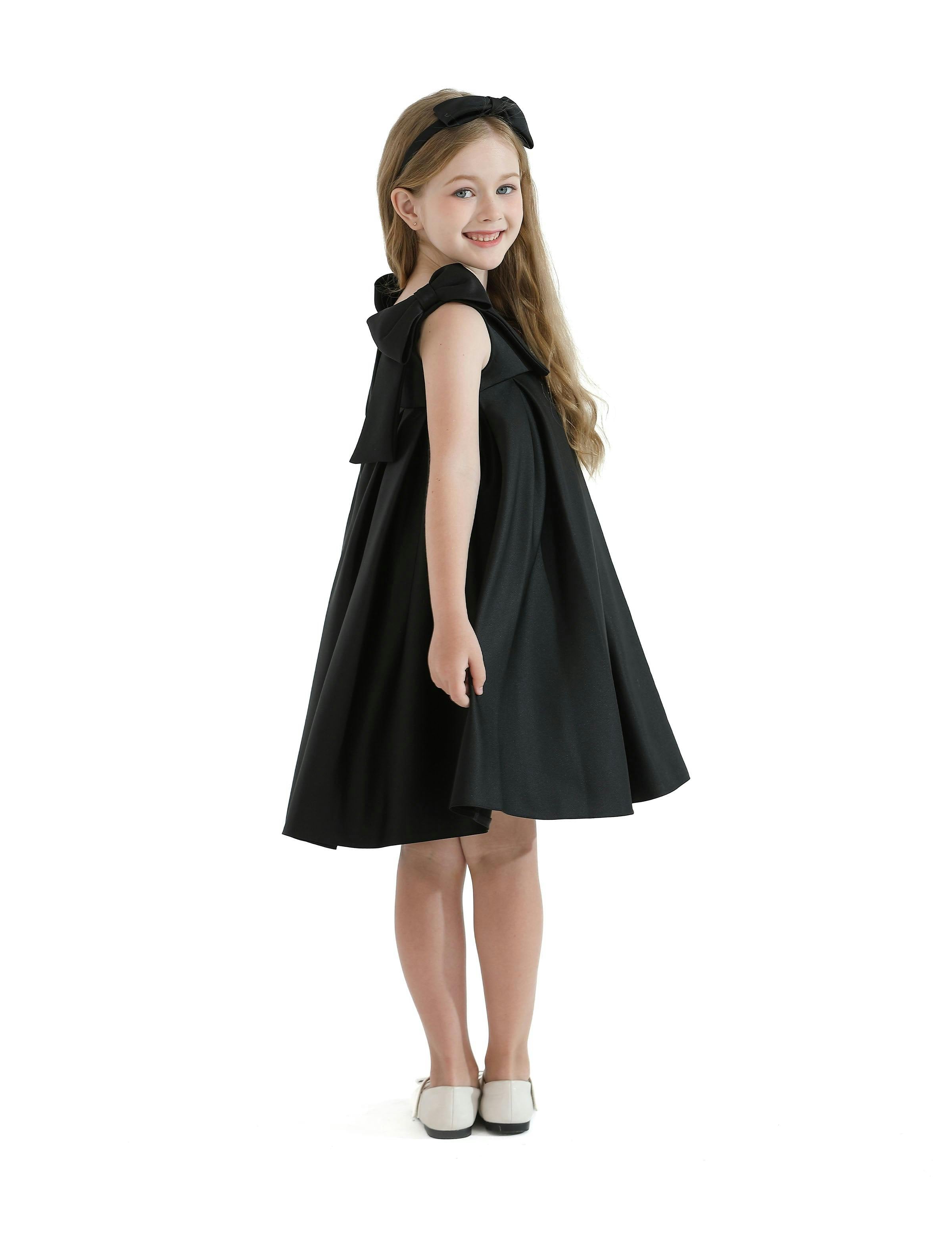 Black Palermo Satin Bow Pleated Dress