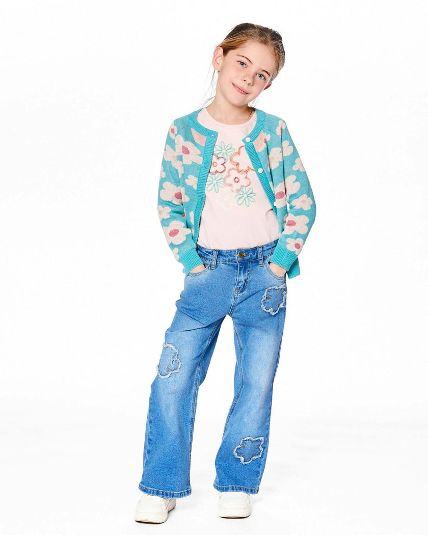 Wide Leg Stretch Light Blue Denim Jeans With Flower Stitching