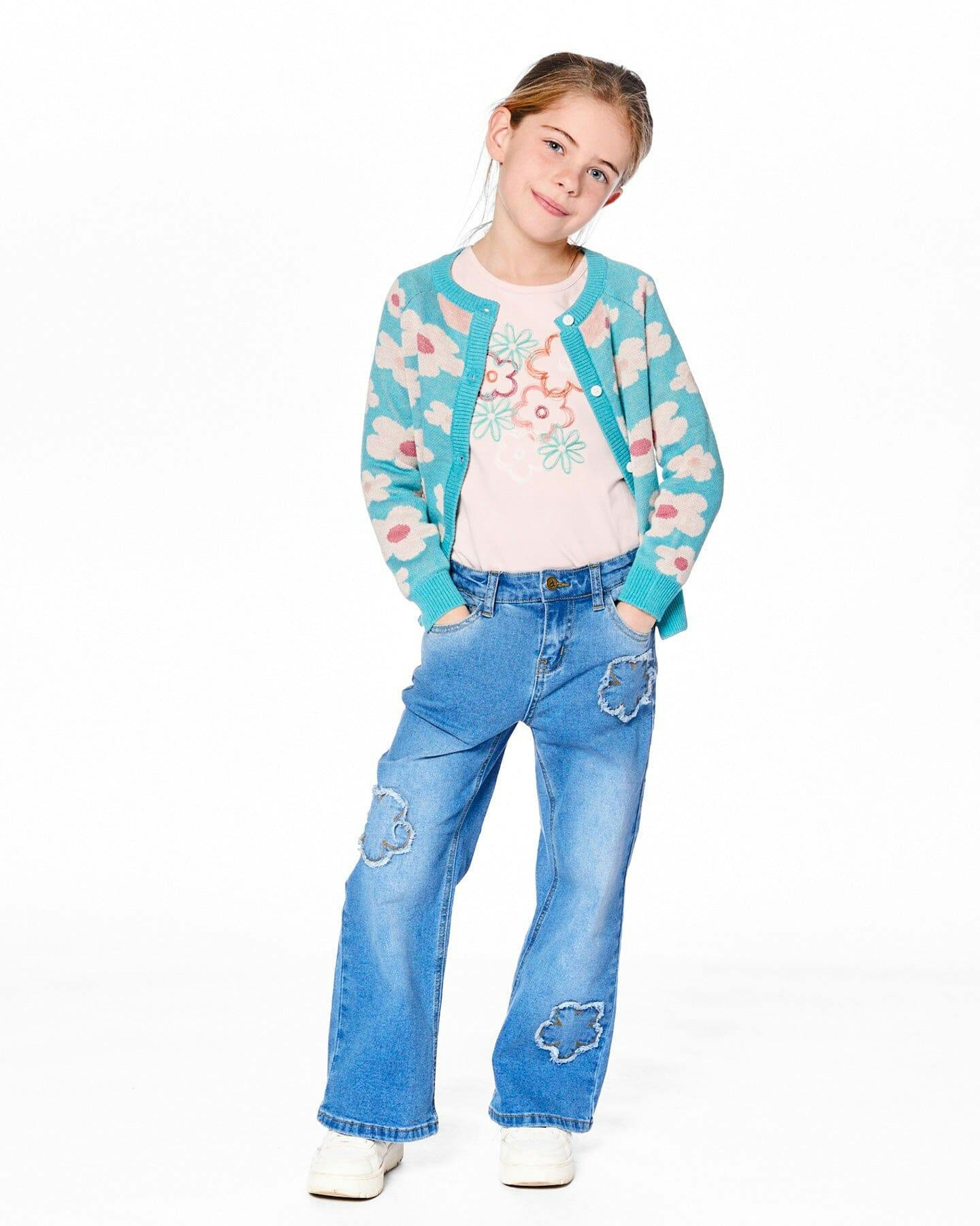 Wide Leg Stretch Light Blue Denim Jeans With Flower Stitching