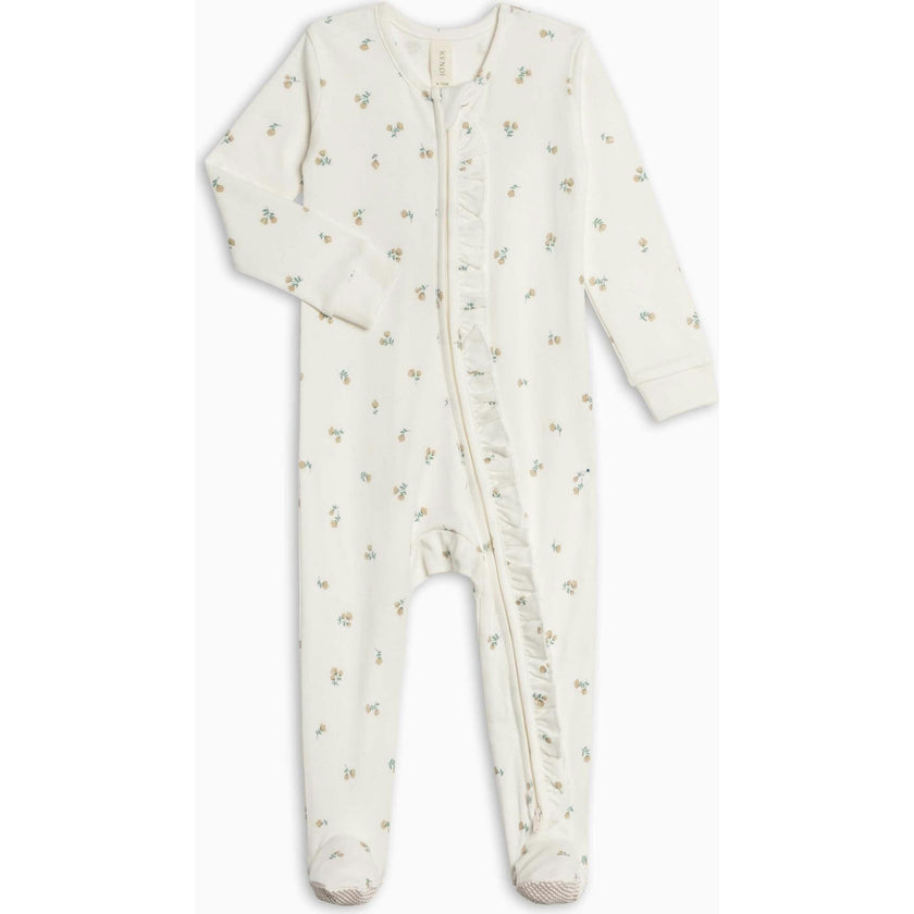 Neve Ruffle Zipper Footed Romper - Palmer Floral / Dune + Laguna