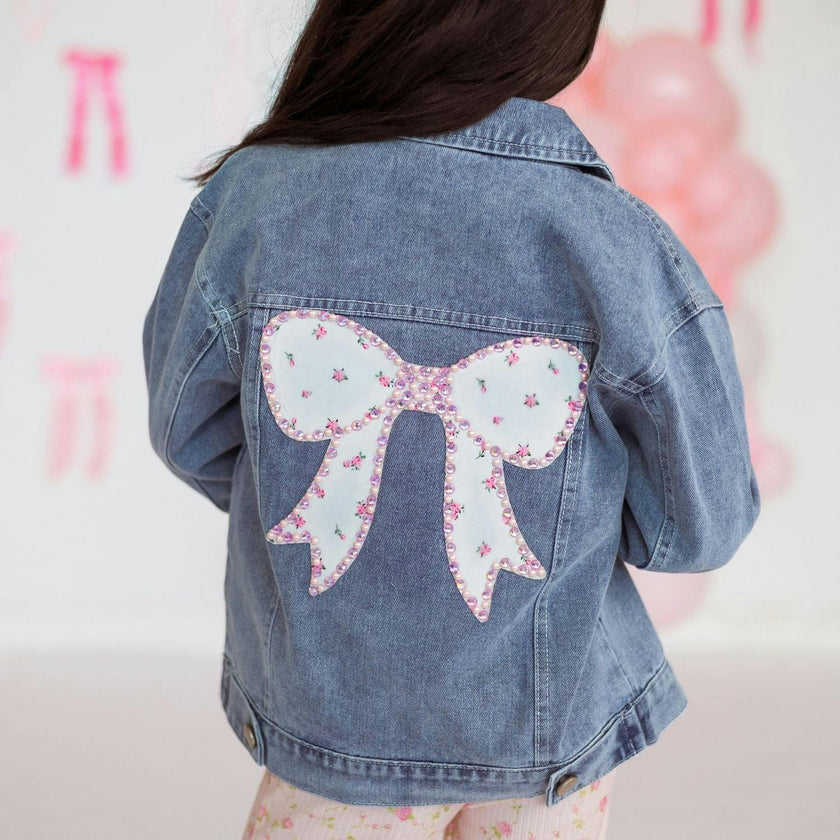 Pearl and Gemstone Floral Bow Patch Denim Jacket