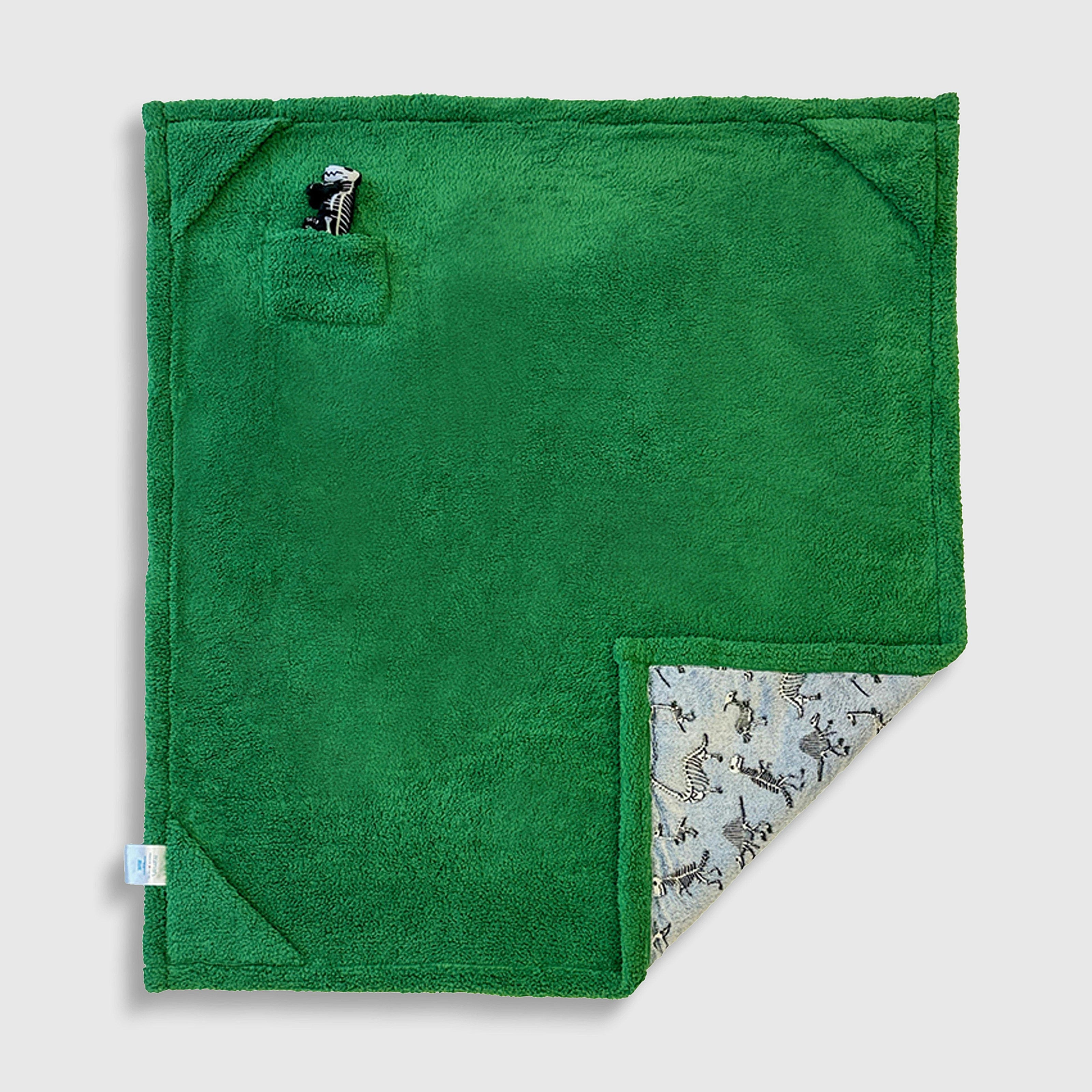 Cozy Switch Blanket – Reversible Sherpa & Glow-in-the-Dark Blanket with Plush Toy Pocket, Glow Dino Bones
