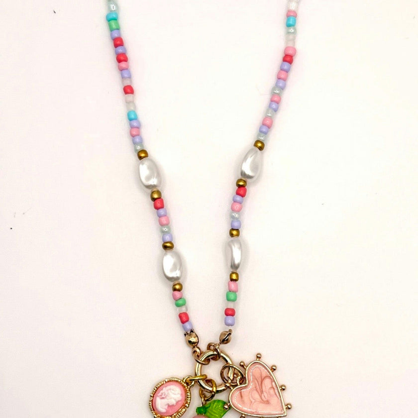 BEADED PEARL FLORAL HEART CHARM NECKLACE