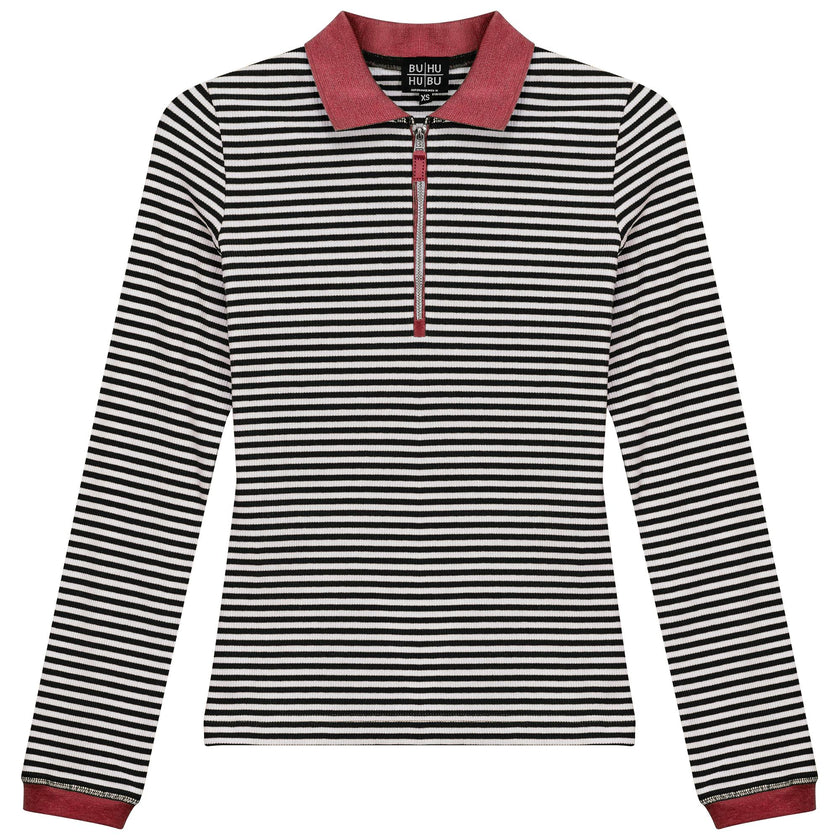 Stripped Ribbed Zipper Henley Tee