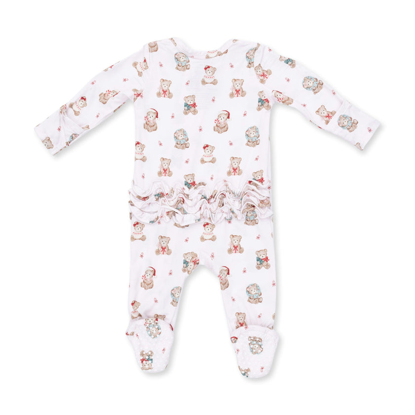 Christmas Teddy Bears Pink - 2 Way Ruffle Back Zipper Footie