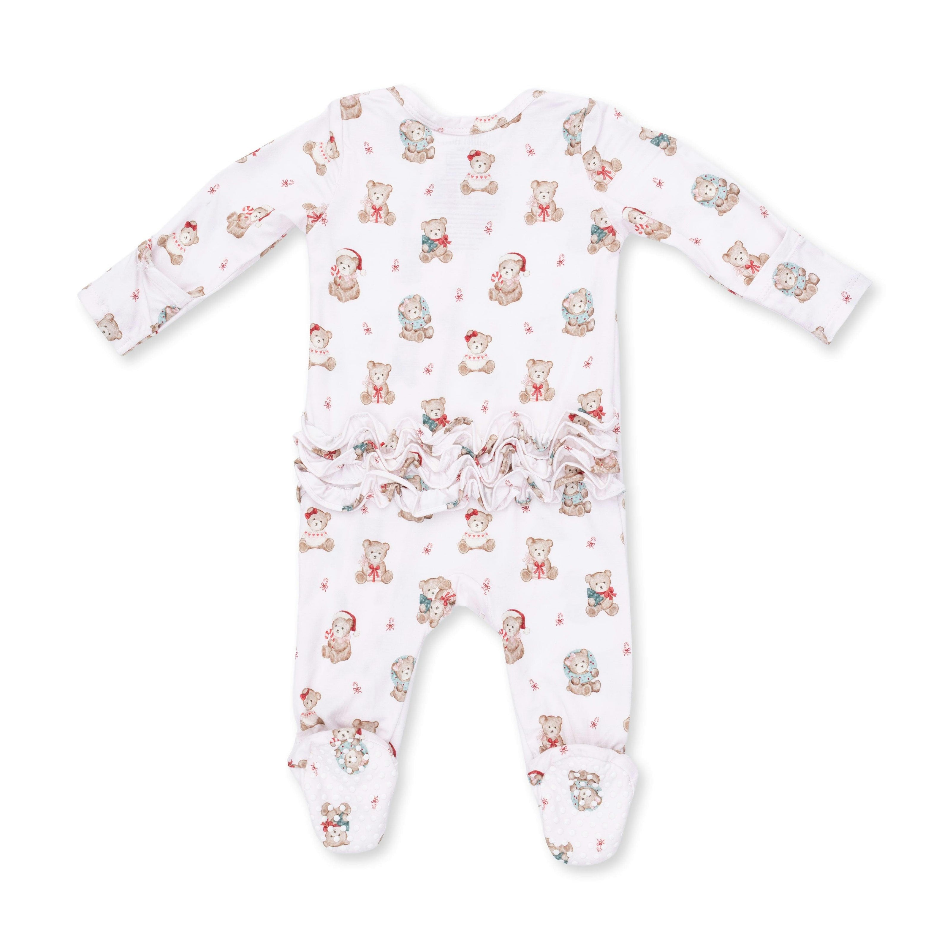 Christmas Teddy Bears Pink - 2 Way Ruffle Back Zipper Footie