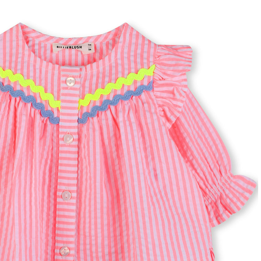 Pink Stripe Ruffle Top & White Leggings Set