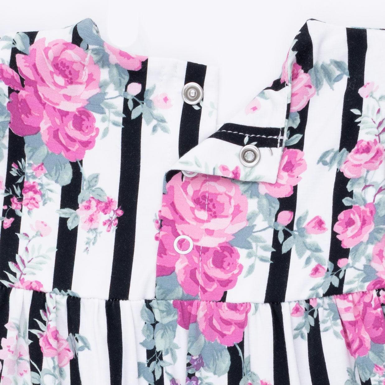 Cabbage Rose Stripe - Ruffle Sleeve Snap Romper