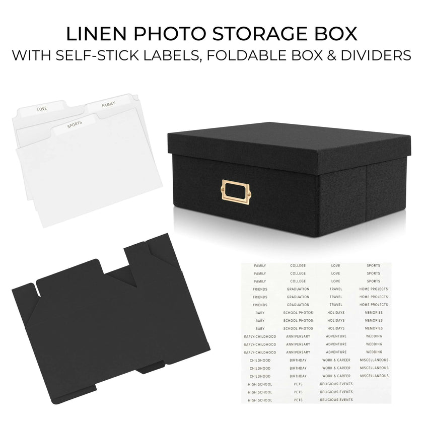 Decorative Photo Storage Box - Sturdy Linen Photo Organizer with Dividers - Stores Up to 850 4x6 Photos - Portable Scrapbook Storage Container with Lid