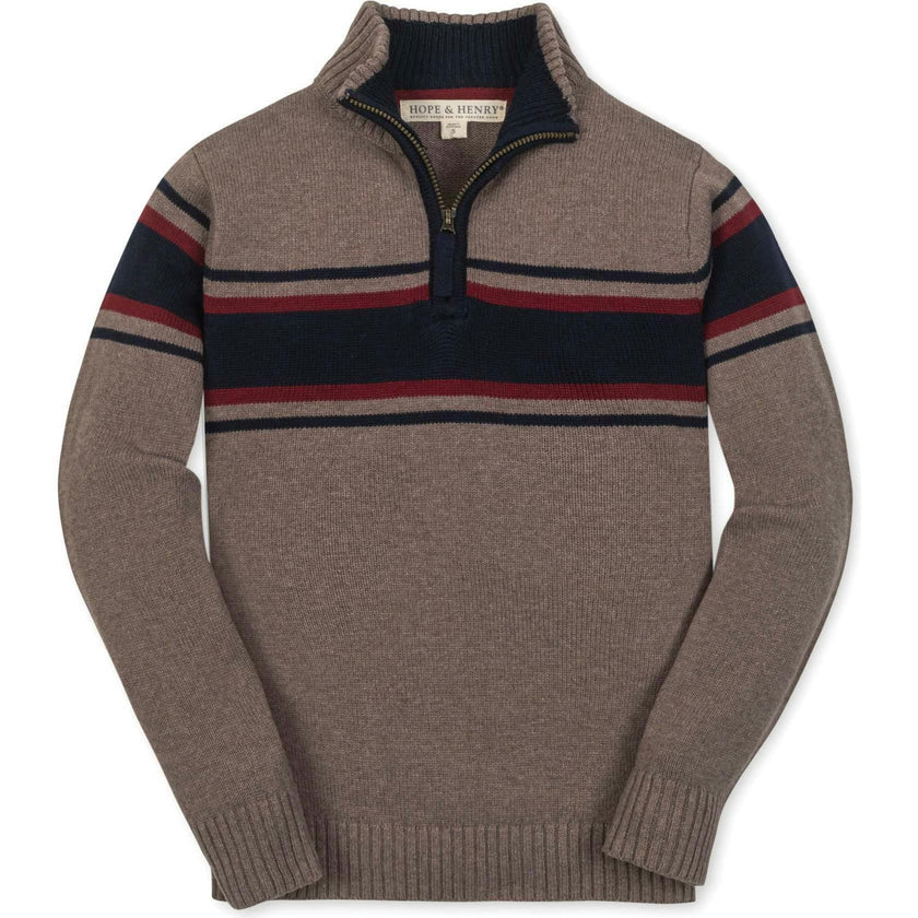 Organic Long Sleeve Half Zip Sweater with Engineered Stripe, Tan
