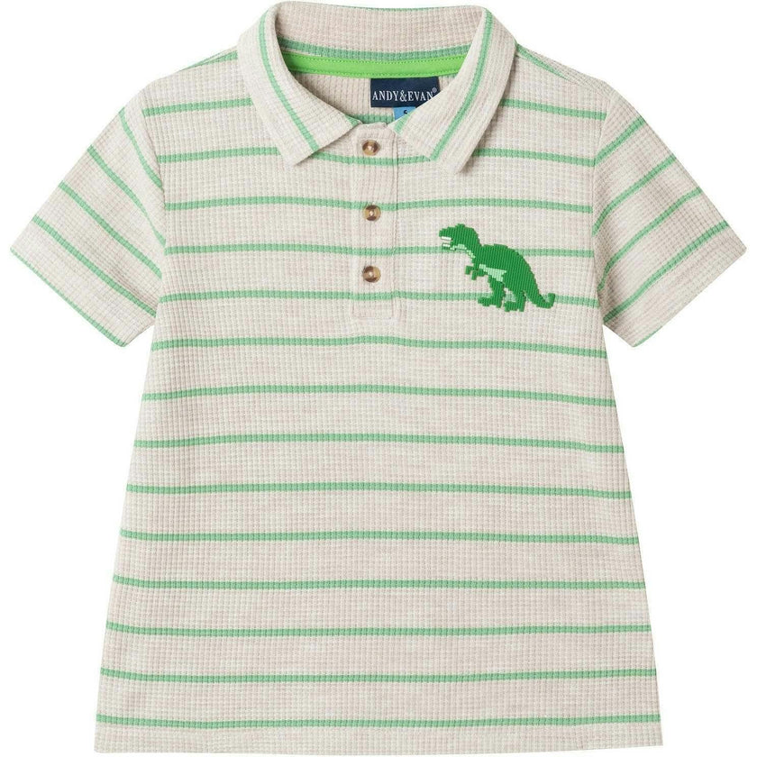Boys Striped Waffle Polo Set | Oatmeal Dino
