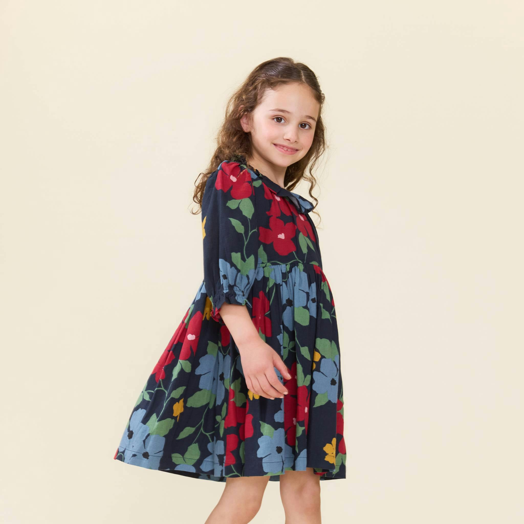 Girls Amara Dress - Navy Hibiscus Floral