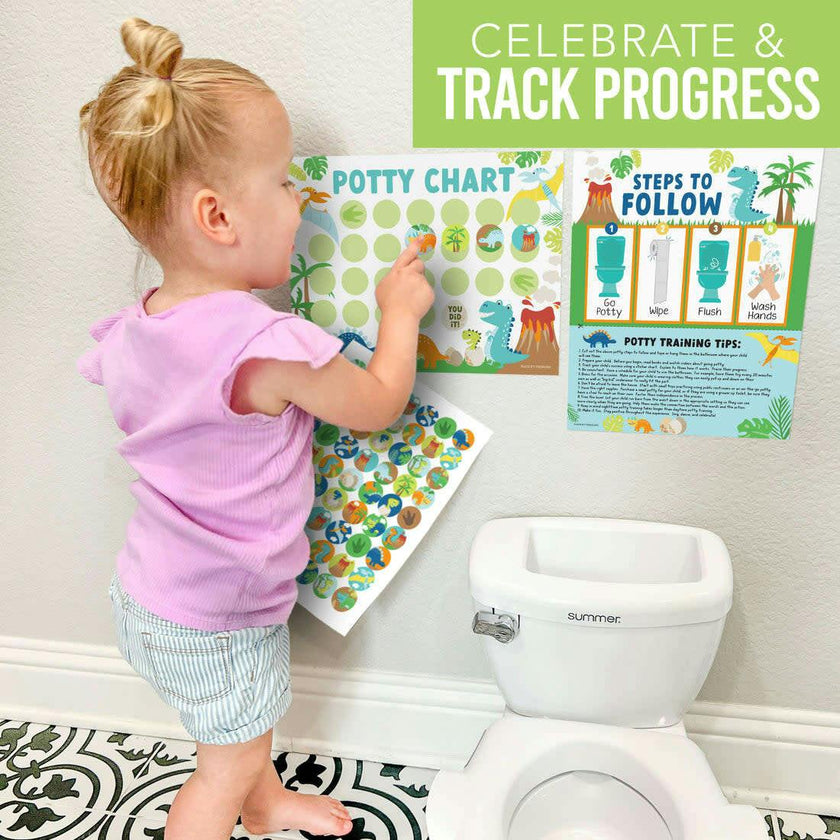 10-Piece Potty Training Charts & 6-Piece Dino Bathroom Wall Art Decor Prints