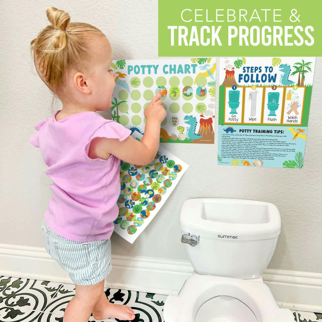 10-Piece Potty Training Charts & 6-Piece Dino Bathroom Wall Art Decor Prints
