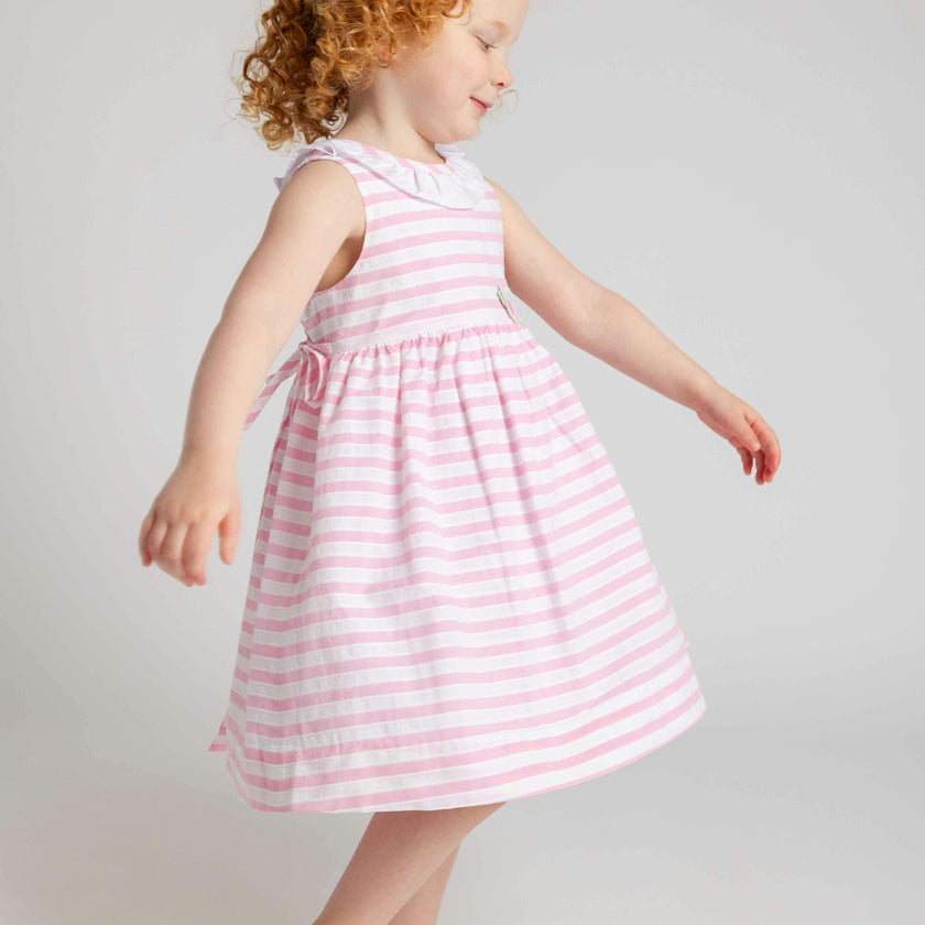 Pink Stripe Dress with Flower and Ruffle Neck