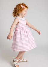 Pink Stripe Dress with Flower and Ruffle Neck