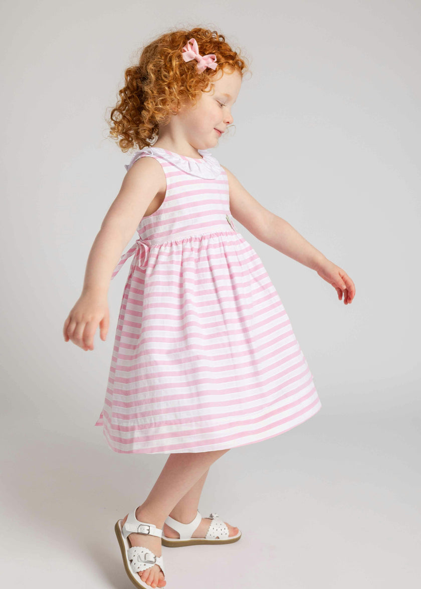 Pink Stripe Dress with Flower and Ruffle Neck