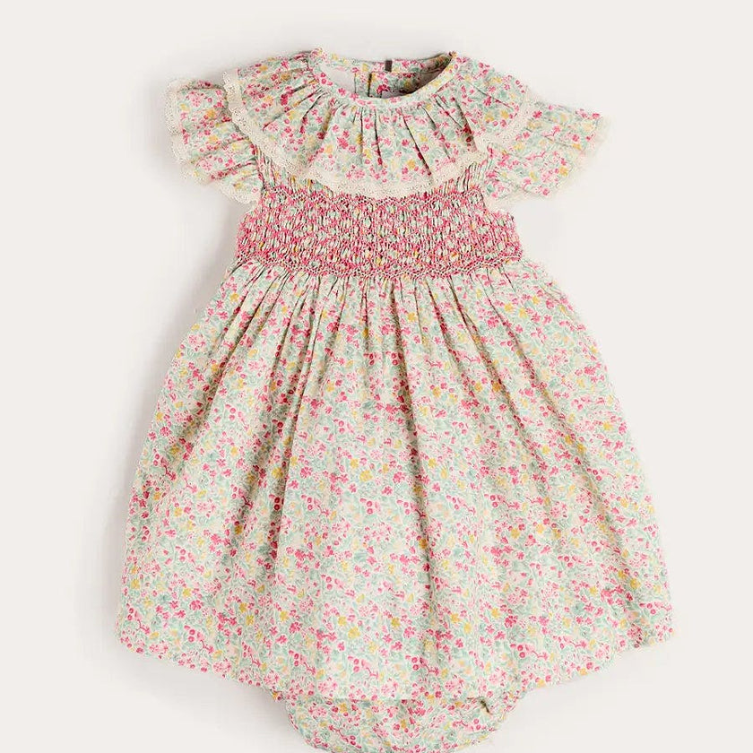 Adelaide Floral Hand Smocked Ruffle Collar Cap Sleeve Dress in Pink (12mths-6yrs)