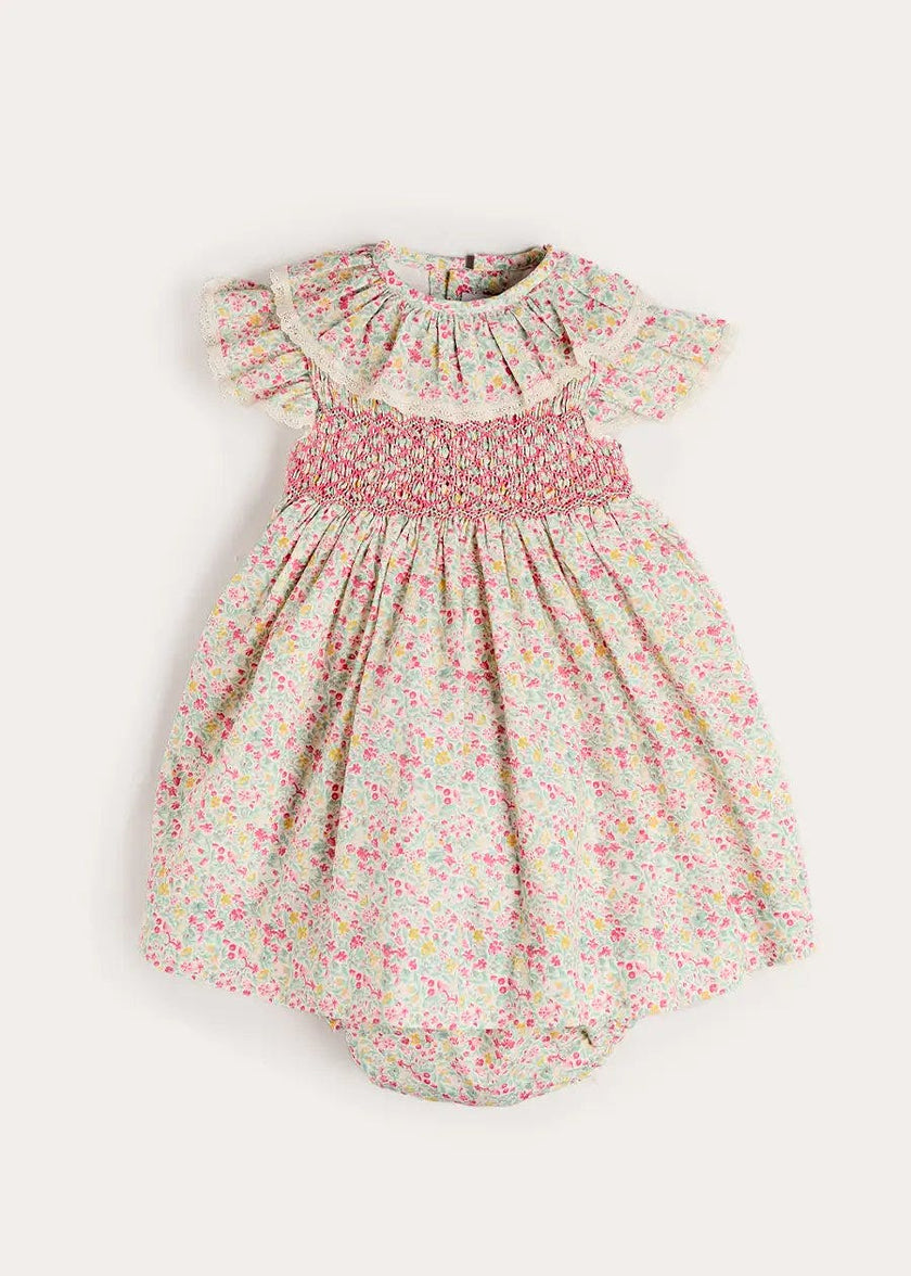 Adelaide Floral Hand Smocked Ruffle Collar Cap Sleeve Dress in Pink (12mths-6yrs)