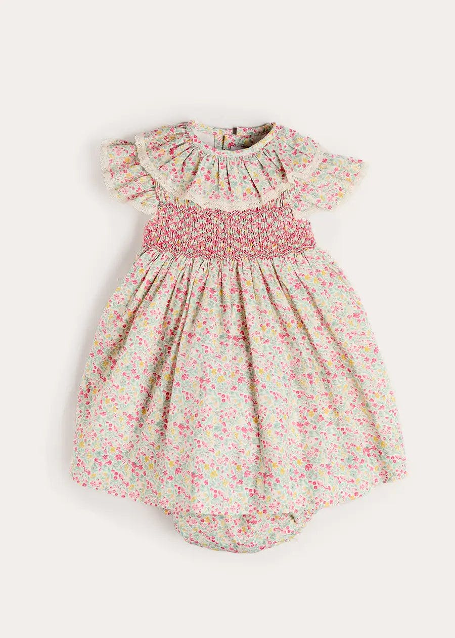 Adelaide Floral Hand Smocked Ruffle Collar Cap Sleeve Dress in Pink (12mths-6yrs)