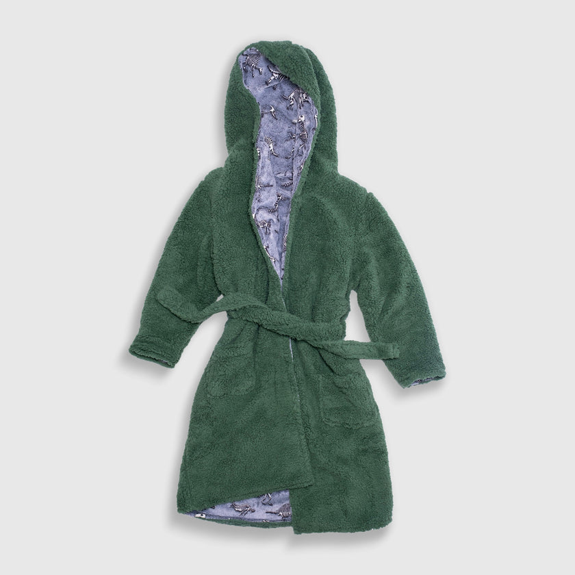 Cozy Switch Robe – Reversible Glow-in-the-Dark & Sherpa Robe for Kids, Green Dino Bones