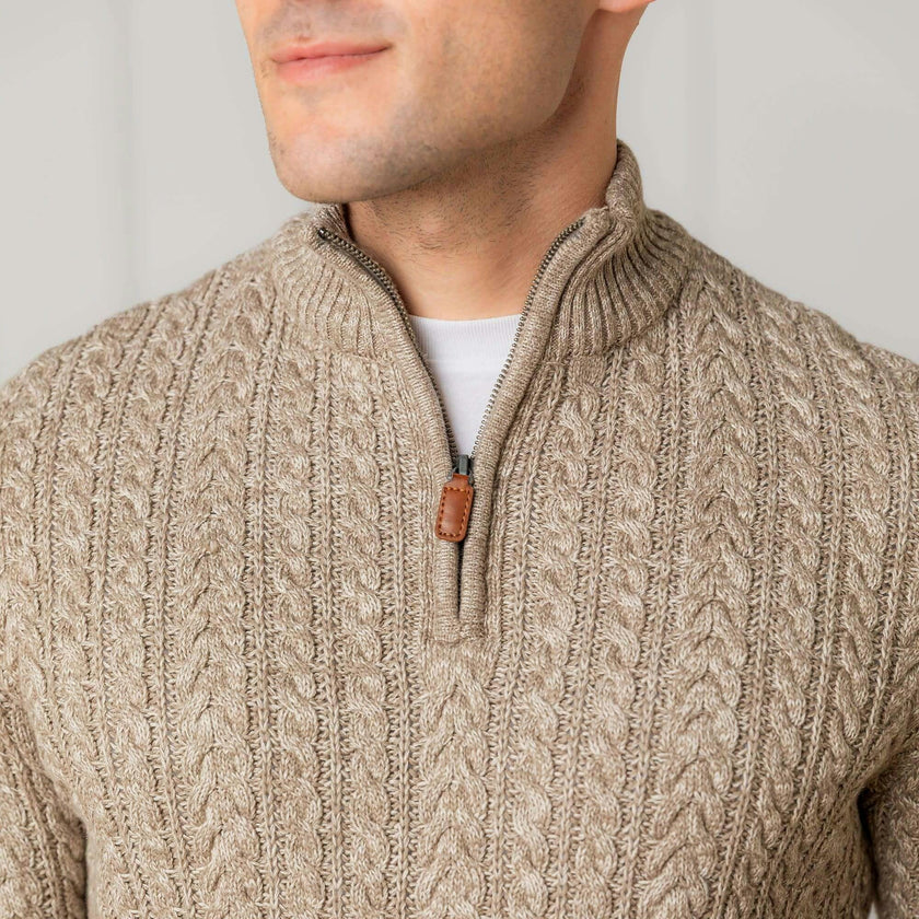 Men's Organic Half Zip Cable Pullover Sweater, Brown