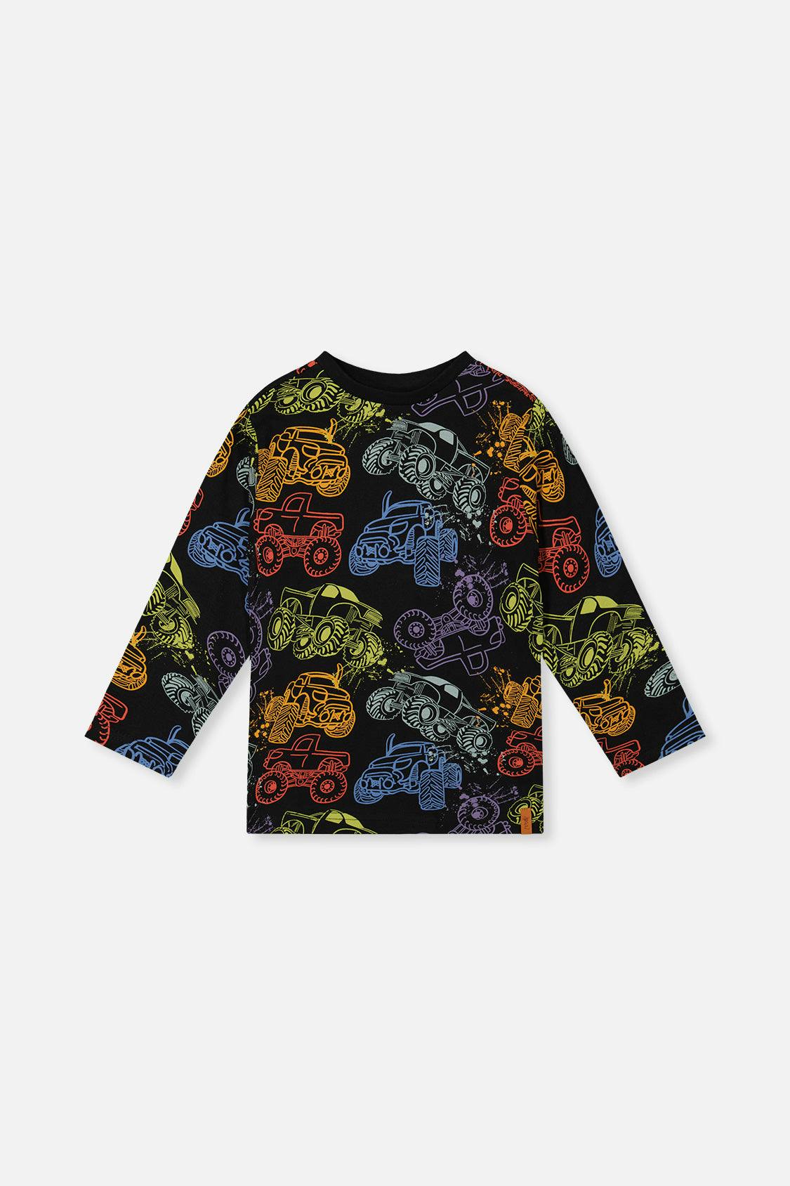 Organic Cotton Long Sleeve T-Shirt Black Monster Truck Print