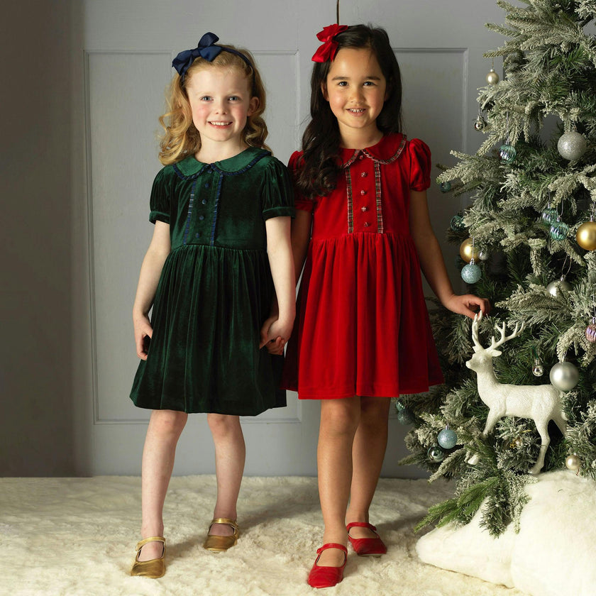 Green Velvet Tartan Trim Dress